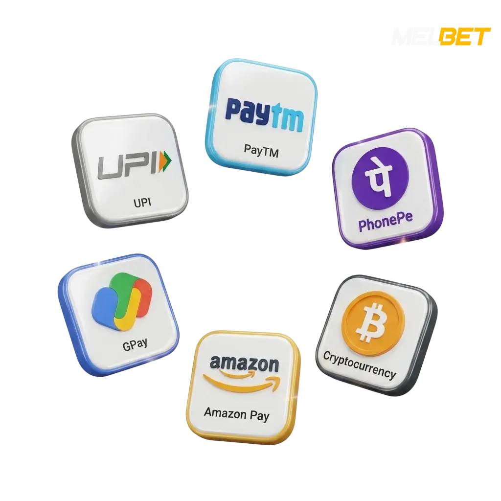 Melbet payment methods for Indian players including UPI, PayTM, PhonePe and cryptocurrencies